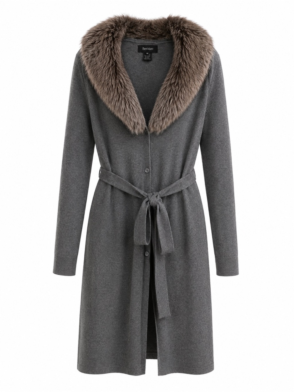 Karen Kane Grey Knit Coatigan with Faux Fur Brown Shawl Collar
